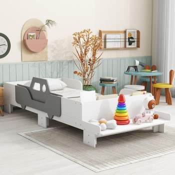 Car-Shaped Twin Size Bed with Bench, White - ModernLuxe