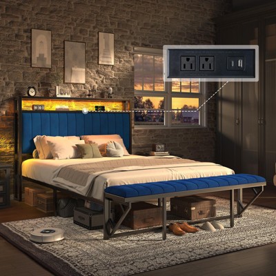 AMERLIFE LED Bed Frame with Foldable Ottoman, Charging Station, Velvet Upholstered Headboard