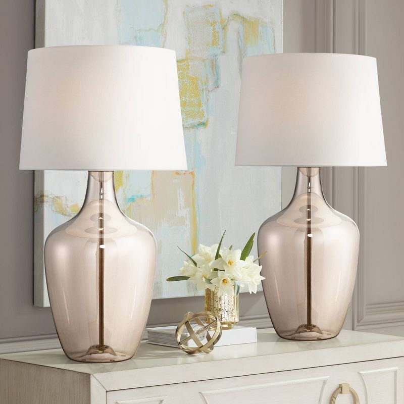 Possini Euro Design Ania 31" Tall Jar Large Modern Glam End Table Lamps Set of 2 Clear Champagne Glass Living Room Bedroom Bedside Off-White Shade, 2 of 8