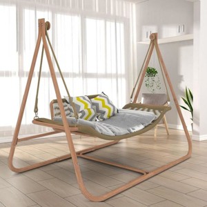 Outdoor Double Upholstered Hammock Swing Chair,Rattan Hammock Chair with Stand And Metal Frame For Patio Balcony,Bedroom-Coolbibila - 1 of 4