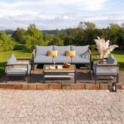 Mshliw 4-Piece Outdoor Sectional Sofa Set with Coffee Table – Patio Furniture with Cushions and Woven Rope Detailing for Garden, Balcony, or Patio