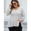 Plus Size Women's V Neck Ribbed T-Shirt Fluffy Fleece Puff Sleeve Casual Loose Fit Blouse Tunic Top - 2 of 4