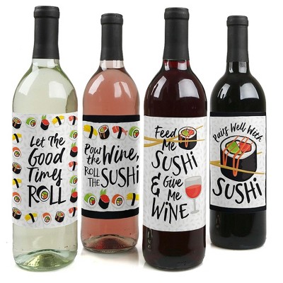 Big Dot of Happiness Let's Roll - Sushi - Japanese Party Decorations for Women and Men - Wine Bottle Label Stickers - Set of 4