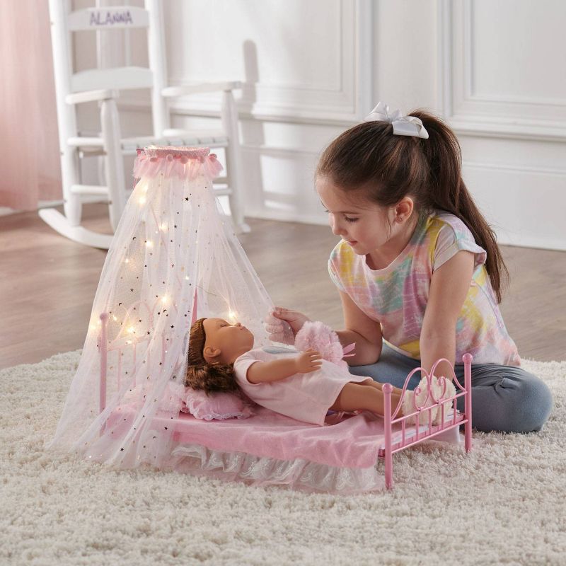 Starlights LED Canopy Metal Doll Bed with Bedding - Pink, 5 of 9
