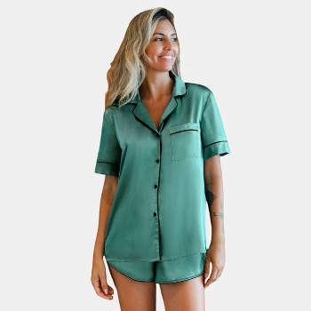 Women's Satin Collared Button-Up Short Sleeve Top & Shorts Pajama Set - Cupshe