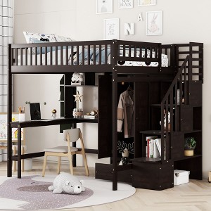 NicBex Full Size Loft Bunk Bed with Desk, Modern Wooden Bed Frame with Shelves, Wardrobe and Storage Stair for Bedroom - 1 of 4