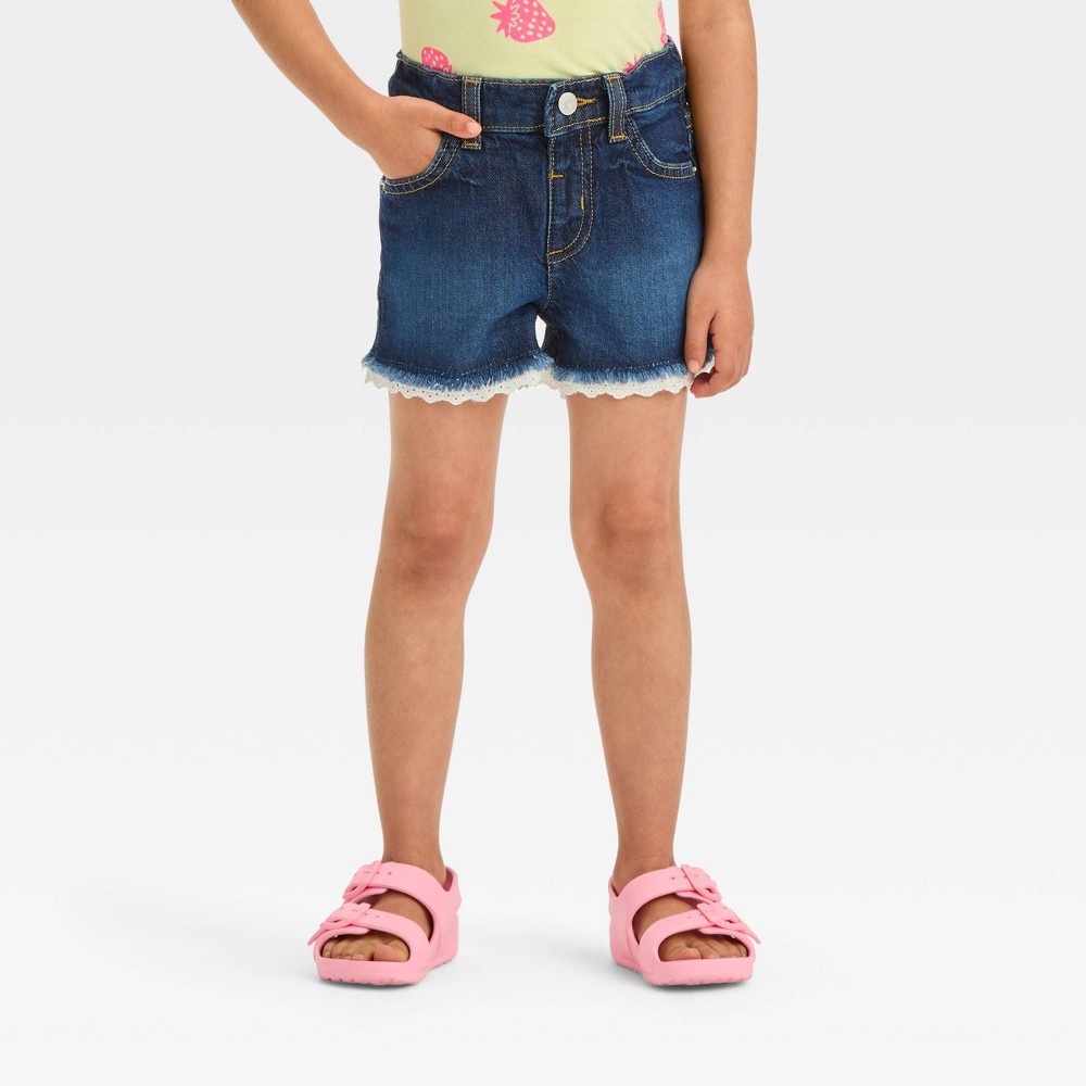 Toddler Girls' Lace Cut-Off Jean Shorts - Cat & Jack™ Dark Blue 2T: Adjustable Waistband, Mid-Rise Denim