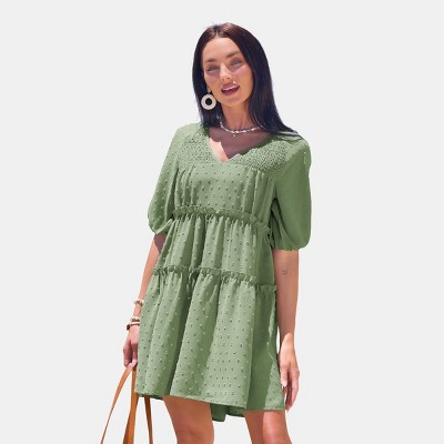 Women's Breezy Sage Green Swiss Dot Tiered Dress - Cupshe