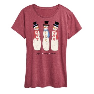 Women's - Instant Message - Joyful Merry Blessed Christmas Snowmen Short Sleeve Graphic T-Shirt - 1 of 4
