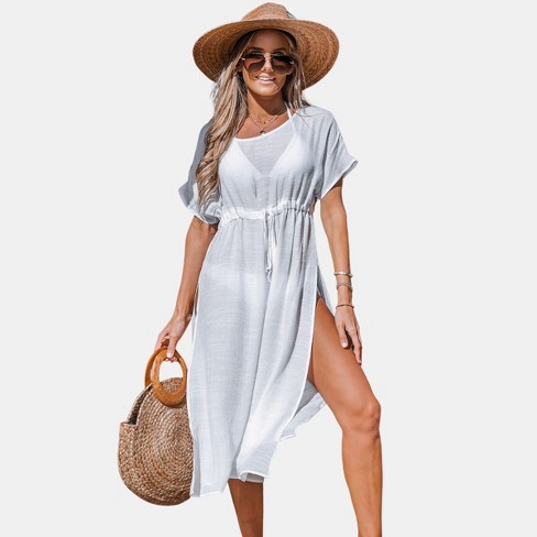 Women's Drawstring Swim Cover-up Dress - Cupshe-l-white : Target
