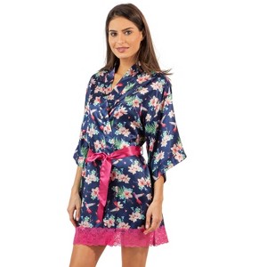 Ashford & Brooks Women's Satin Lace Short Duster Robe - 1 of 4