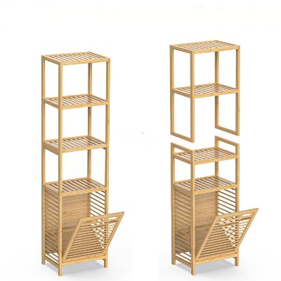 Bamboo 4-layer inclined laundry rack, detachable basket - convertible to 2-layer pull-out laundry basket and 2-layer independent rack, Beige