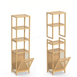 4-layer inclined laundry rack, detachable basket - convertible to 2-layer pull-out laundry basket and 2-layer independent rack, Beige - 1 of 4