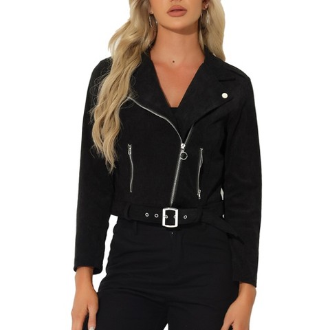 Allegra K Women's Notched Lapel Zip Up Long Sleeve Motorcycle Corduroy Jacket Medium Black