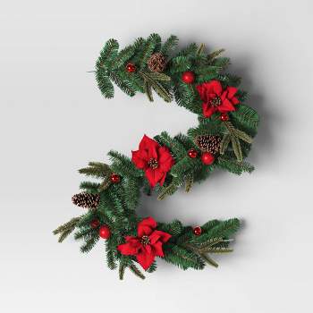 6' Mixed Greenery with Poinsettia Flowers Decorated Artificial Christmas Garland - Wondershop™