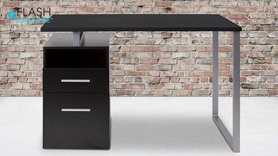 Harwood Dark Ash 51" Computer Desk with Silver Metal Frame and Drawers