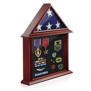 Reminded Flag and Certificate Shadow Box Display Case - Solid Wood Mahogany Finish - 1 of 4