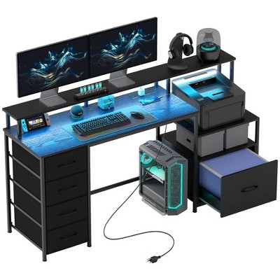 HOMCOM 67" Computer Desk with File Cabinet, Home Office Desk with Power Outlets and LED Lights, Monitor Stand and Printer Shelf