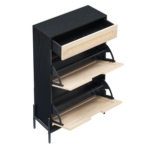 Natural Rattan Shoe Cabinet, 2 Flip Door Shoe Rack with a Drawer, Modern Freestanding Shoe Organizer with 3 Position Adjusted and Removable Shelf - 1 of 4