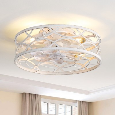 Airsurfer 18" Flush Mount LED Ceiling Fan in Distressed White and Gold with Cage Design and Remote -Low Profile 7-Blade Enclosed Fan