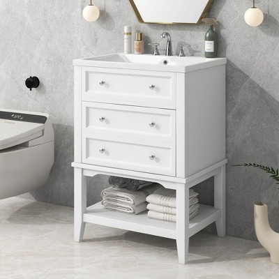 NicBex 24" Bathroom Storage Cabinet,Storage Cabinet with Drawers & Open Shelves,Bathroom Vanity with Solid Wood Frame,White