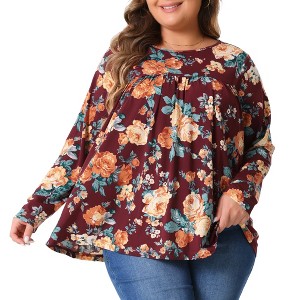 Agnes Orinda Women's Plus Size Fall Long Sleeve Pleated Crew Neck Flowy Floral Casual Blouses - 1 of 4