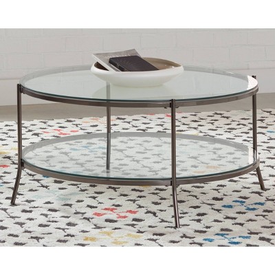 Modern Black Nickel Round Coffee Table with Glass Top