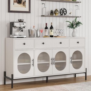 Black 62 inches Buffet Cabinet with Storage  Large Sideboard Cabinet  Coffee Bar Cabinets with 3 Drawers and 4 Fluted Glass Doors for Home/Kitchen/D - 1 of 4