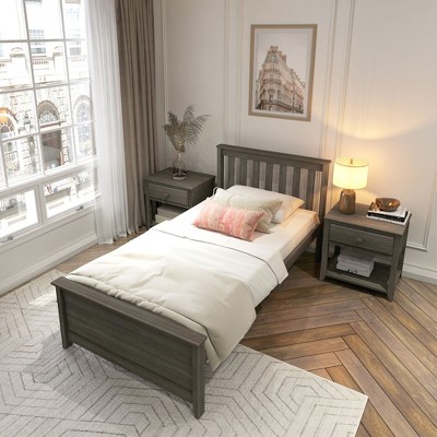 Solid Pine Wood Twin Platform Bed Frame with Slatted Headboard