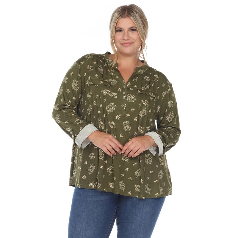 Plus Size Pleated Long Sleeve Leaf Print Blouse, 1 of 6