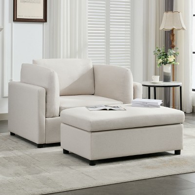 CAVINAS Oversized Armchair with Ottoman,Plush Linen Accent Chair with Lumbar Support,Modern Comfy Reading Chair for Living Room,Bedroom