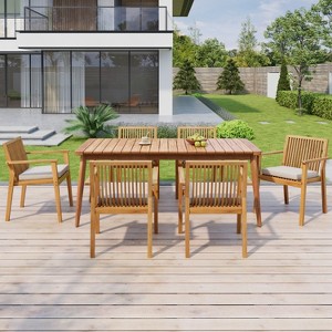 Christopher Knight Home Ahri Farmhouse 7 Piece Patio Acacia Wood Dining Set with Cushions - 1 of 4