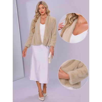 INSPIRE CHIC Women's Winter Faux Fur Casual Long Sleeve Shaggy Warm Cropped Jacket X-Large Champagne Gold — фото 2