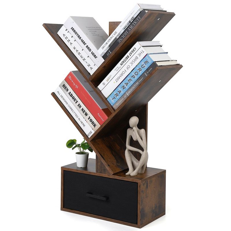 Tree Bookshelf with Drawer, 4-Tier Wooden Bookshelves Storage Rack for CDs/Movies/Books, 1 of 7