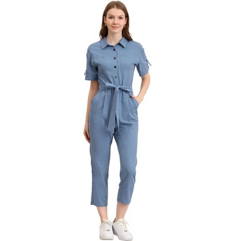 Allegra K Women's Short Sleeve Collared Cropped Coverall Button Down Tie  Waist Cotton Cargo Jumpsuit Blue Medium : Target
