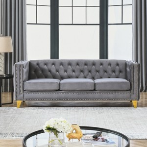 TiramisuBest Velvet Sofa for Living Room,Tufted Square Arm Couch, Modern Couch Upholstered Button and Metal Legs, Sofa Couch for Bedroom, Grey - 1 of 4