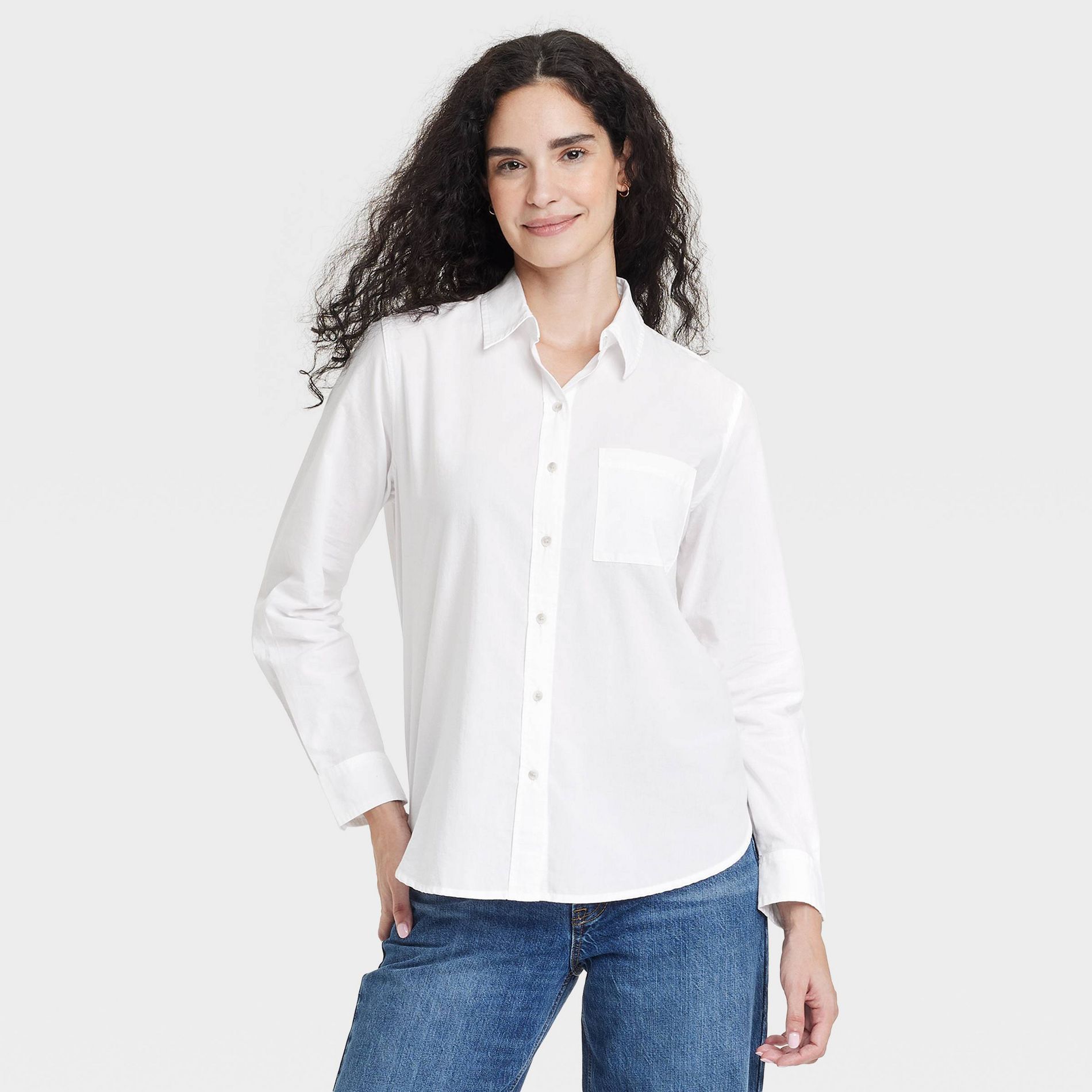 Women's Long Sleeve Collared Neck Button-Down Shirt - Universal Thread™ White L: Relaxed Fit, Lightweight Cotton, Front Pocket