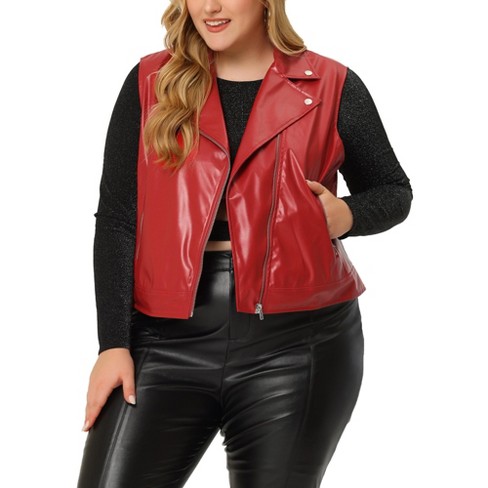 Agnes Women's Plus Size Leather Motorcycle Zip-up Riding Biker Crop Vest Jacket Red 4x : Target
