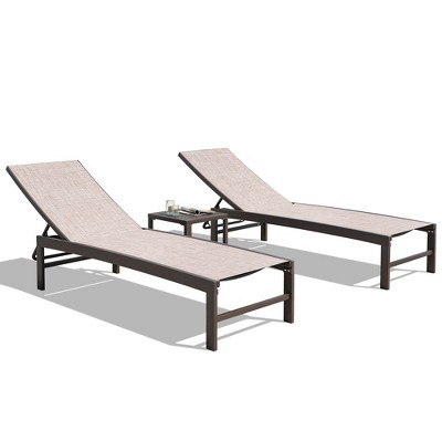 Crestlive Products 3 pcs Outdoor Aluminum Mesh Chaise Lounge Chairs and Side Table Set Sun Lounger with Adjustable Backrest
