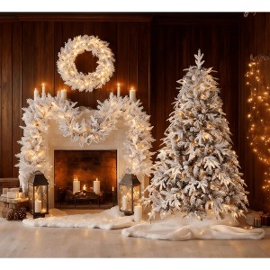 Pre-Lit Snow Flocked Christmas Decor Set with LED Lights, 6ft Flocked Tree, 9ft Garland & Wreath, 3 Pack Snow Covered Holiday Decoration for Home - 1 of 4