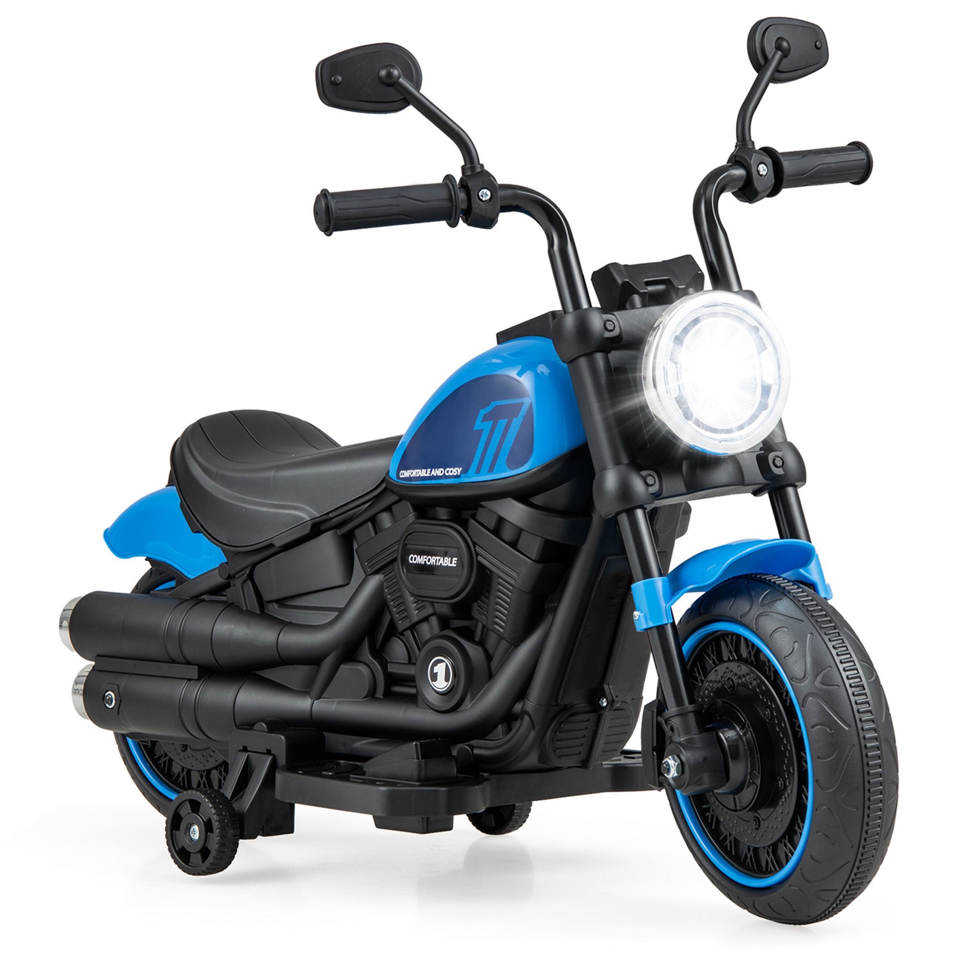 Costway 6V Kids Electric Motorcycle with Training Wheels LED Headlights Music Board Blue