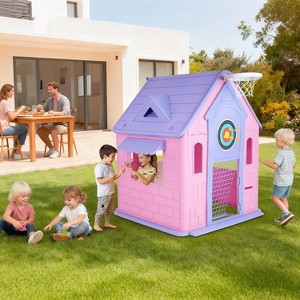 Kids Cottage Playhouse with Magnetic Dartboard, Basketball Hoop, Ring Toss & Soccer Goal – Indoor & Outdoor Playhouse - 1 of 4