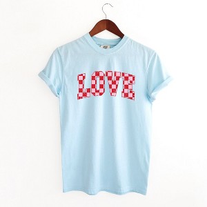 Simply Sage Market Women's Distressed Love Checkered Short Sleeve Garment Dyed Tee - 1 of 4