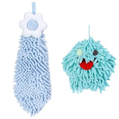 REGALWOVEN 2 Packs Soft Absorbent Flower Pattern Chenille Hand Towel with Loop 6" x 15"/7" x 7"
