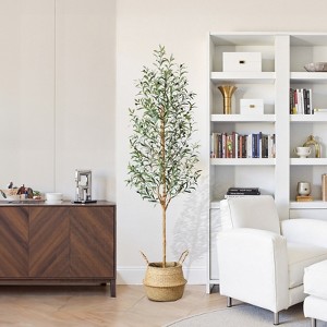 7ft Pencil Artificial Olive Tree with Real Wood Trunk & Silk Leaves, UV Resistant Faux Plant in Decorative Pot & Basket for Home and Office Decor - 1 of 4