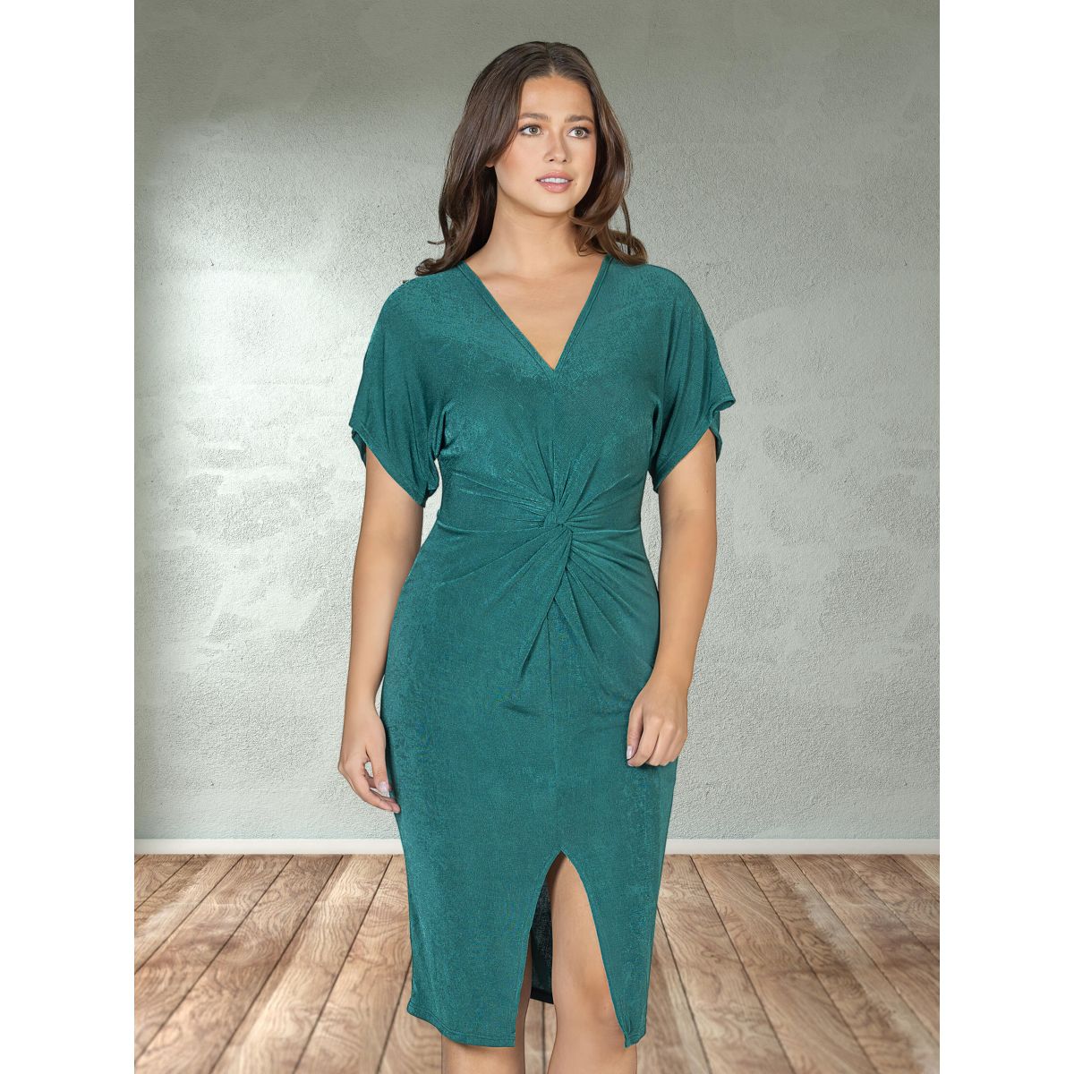 Womens Short Sleeve V-Neck Twist Front Split Hem Knee Length Dress - 24seven Comfort Apparel™ - thumbnail 5