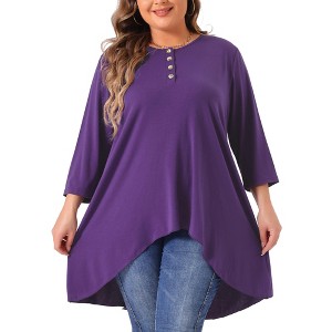 Agnes Orinda Women's Plus Size 3/4 Sleeve Buttons Crew Neck High Low Tunic Tee Shirts - 1 of 4