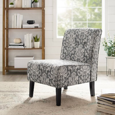 Elegant Gray Damask Slipper Chair with Sturdy Wood Frame