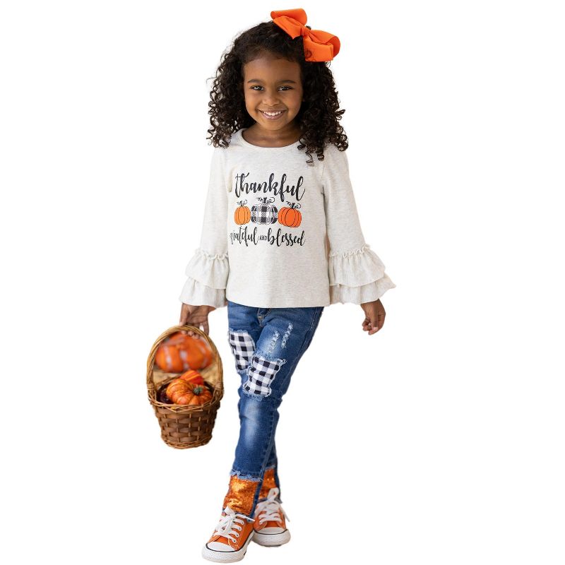 Girls Thankful, Grateful, and Blessed Sequin Patched Jeans Set - Mia Belle Girls, 2 of 8
