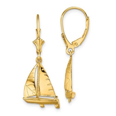Black Bow Jewelry Polished 3D Sailboat Lever Back Earrings in 14k Yellow Gold
